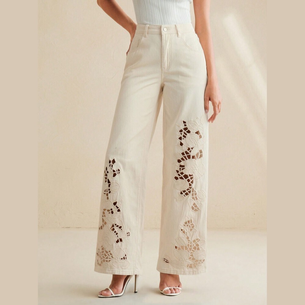 Ivory Denim Wide Leg Jeans With Floral Cutwork Embroidery